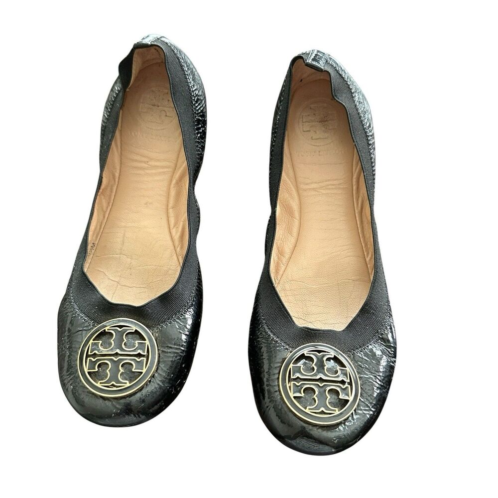 Tory Burch Caroline Ballet Flats Black Sz 6.5 Patent Leather Round Toe Logo